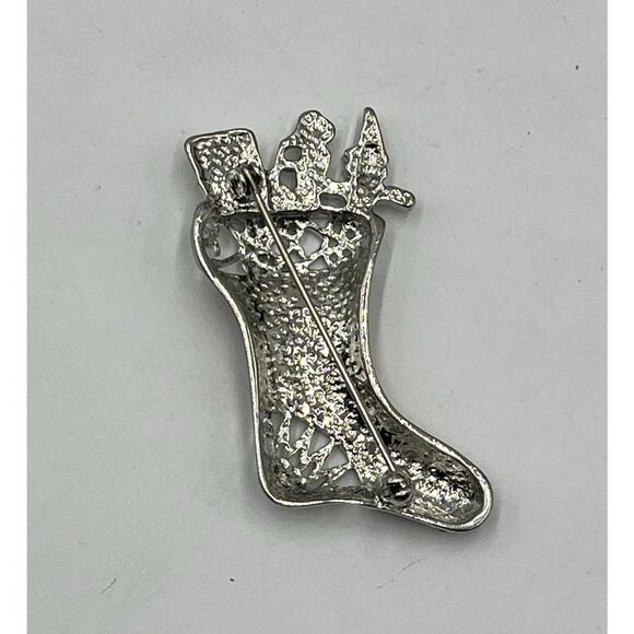 Red Enamel Silver Rhinestone Brooch Christmas Open Work Stocking Brooch Presents - Picture 3 of 6